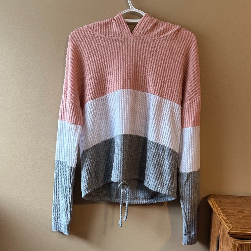 Ardene Tri-Tone Sweater with Hood - Pink, White, Gray